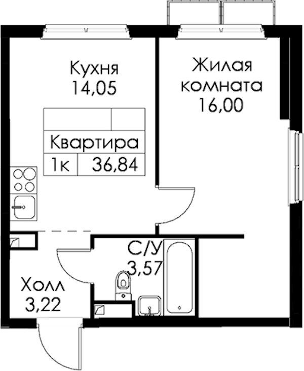 1-комнатная квартира 36.84 м², 2/15 эт., ЖК «Янинский лес»